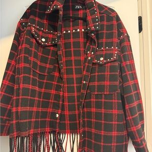 Zara Black and Red Checkered Fringe Jacket